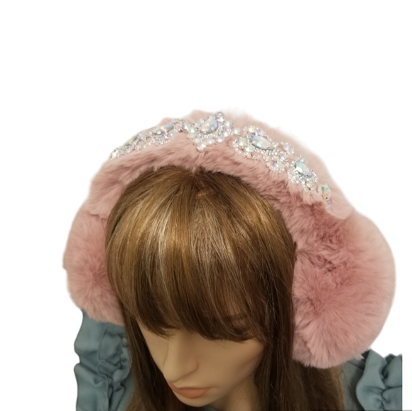 Blush Pink Faux Fur Crystal Embellished Earmuffs Earwarmers Rhinestone Headband - Picture 4 of 16